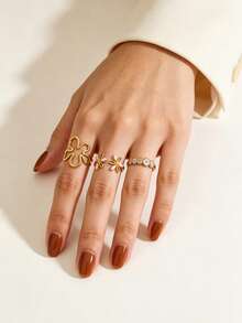 3pcs 18K Gold Plated Stainless Steel Non-Fading Geometric, Floral, Egg-Shaped Adjustable Waterproof Rings Set, Elegant Fashion Accessories For Women, Suitable For Daily, Beach, Party, Date Wear, Gift - Multicolor - View 2