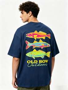 Men's Casual Summer Washed Cotton T-Shirt Old Row Outdoor Fish Print, Round Neck Short Sleeve Lightweight Knitted Fabric, Rib Details 100% Cotton - 純棉深藍 - 查看 2