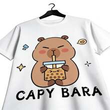 Tops para mujer de algodón para mujer, blanca, con estampado gráfico de capibara yé de burbujas, linda, de manga corta, casual, con cuello redondo. - Blanco - Ver 2
