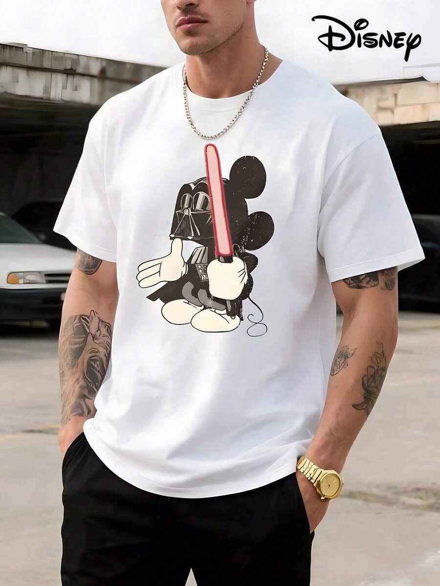 Men's Disney Casual T-Shirt, "Ignoring Mondays Like" Mickey Mouse Print, Retro Distressed Design, Comfortable Soft Fabric, Ideal For Daily Wear - 白色 - 查看 1