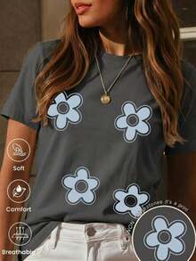 New Women's Short-Sleeved Crew Neck T-Shirt, Summer Design, With A Simple And Modern Letter Print, Breathable And Sweat-Wicking. Express Shipping From Local Warehouse, Couple's Style, Couple's Clothing - Lightweight Soft Fabric - 深灰色 - 查看 2