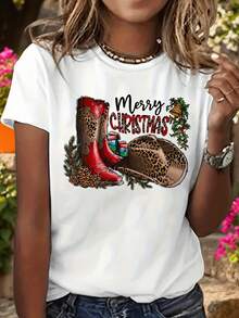 Camiseta gráfica de botas vaqueras de vaquera occidental con estampado de leopardo navideño festivo, elegante camisa casual de manga corta y cuello redondo, adecuada para cualquier temporada, ropa de mujer - Blanco - Ver 3