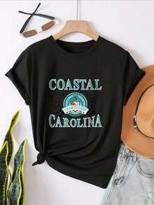 Women's Short-Sleeved Cotton T-Shirt, Available In Black And White, Breathable, Loose Fit, Round Neck, Coastal Carolina Chanticleer Logo Print, Oversized Graphic Tees, Exquisite Design, Casual And Fashionable Style, Summer T-Shirts, Suitable For Casual Daily Wear, Home Workouts, Outdoor Activities, Beach Vacations, Ideal For Gifting Women's Clothing, 100% High-Quality Cotton. - 黑色 - 查看 2