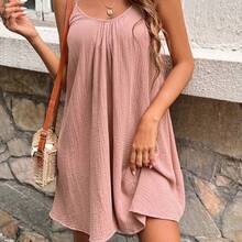 Frenchy Women's Solid Color Cotton Muscle Spaghetti Straps Summer Holiday Style Dress, Dress, Tank Dress, Summer Women's Clothing, Cotton Women's Clothing Black Vacation Casual Beach Resort - Verde Oscuro - Ver 5