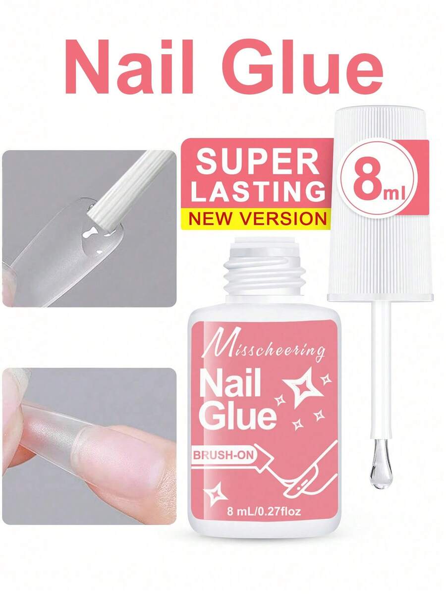 Misscheering 8ml 超強力刷式甲膠,適用於壓克力指甲、甲片和穿戴式假指甲,附磨甲條,可用於貼假指甲與修補斷甲,長效持久 - 粉色 - 查看 1