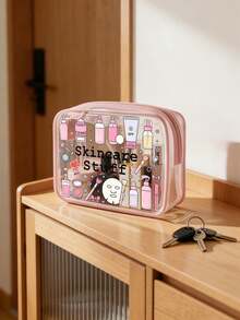 "Skincare Stuff" 字母印花 PVC 洗漱包，PVC 旅行收納袋附拉鍊開關，化妝包，便攜式化妝箱，適合母親、老師、朋友、護士，化妝袋，學校假期開學必備旅行用品 - 彩色 - 查看 5