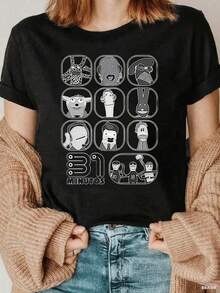 Women's Blouses, Pretty Blouses For Women, Women's Clothing, Women's Outfits, Image 31 Minutos Black And White T-Shirt, Cartoon Character Print Pattern, High-Quality Cotton Print, Round Neck, Basic Loose Fit, Men's And Women's, Breathable, Versatile, Machine Washable, Comfortable, Everyday Casual Sporty Summer Essential - 黑色 - 查看 2