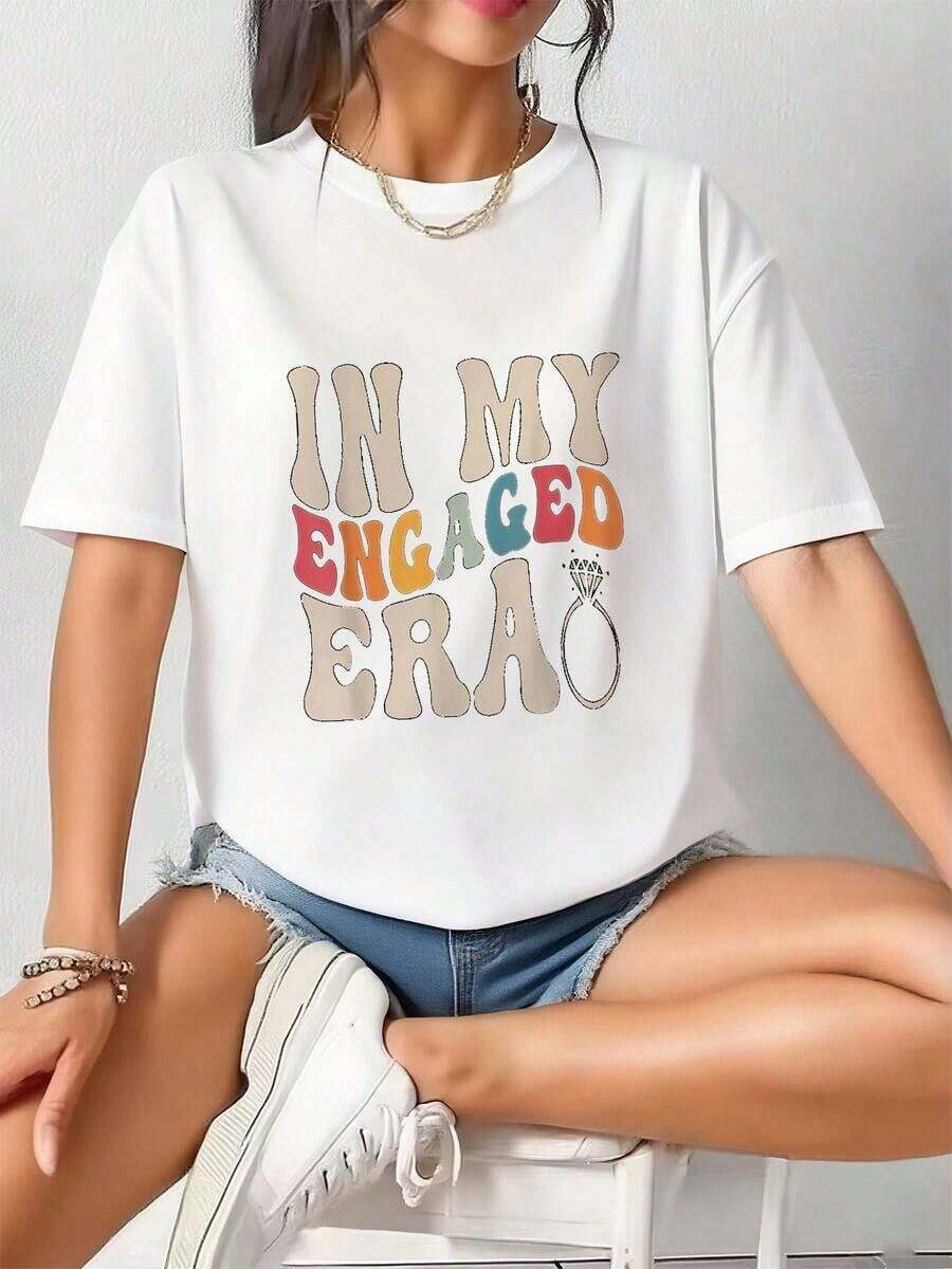 Women's Casual Short-Sleeve T-Shirt With Round Neck, "IN MY ENGAGED ERA" Letter Print, Color Block Design, Polyester Knit Fabric, All-Season Short-Sleeve Top, Casual Wear, And Stylish Top. - 白色 2 - 查看 1