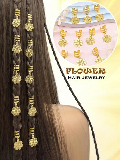 10pcs Golden Blossom Hair Rings – Elegant Adjustable Cuffs, Delicate Bohemian Hair Jewelry For Dreadlocks & Braids