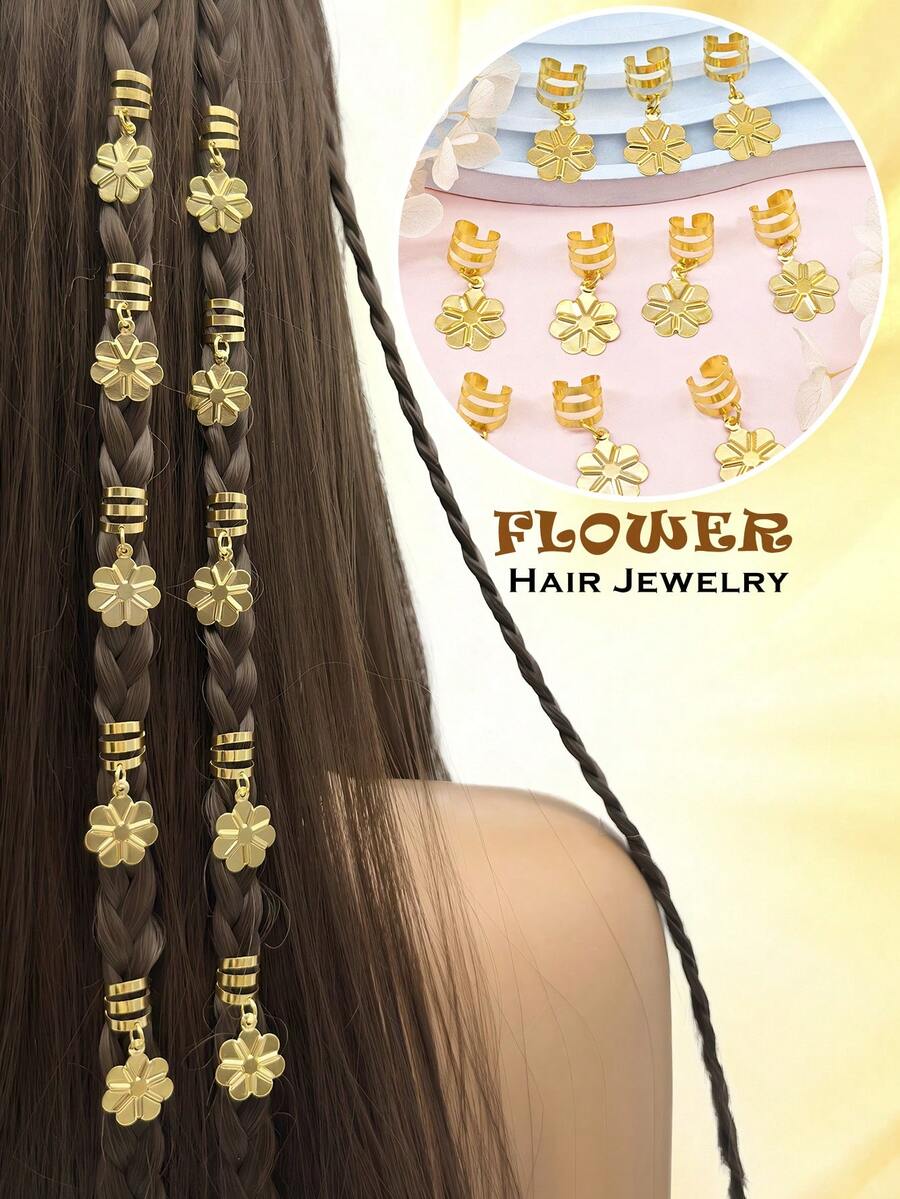 10个金色花朵发圈 – 优雅可调节发箍,精致波西米亚风发饰,适合脏辫和编发 - 金色 - 查看 1