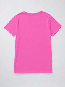 Camiseta Casual Versátil de Manga Corta con Cuello Redondo y Estampado de Corazones para Mujer, Primavera/Verano - Rosa Fucsia - Ver 2