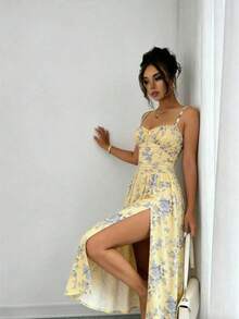 Women's Yellow Floral Midi Dress, Spaghetti Straps, Gathered Waist And Side Slit, Chic Style For Spring-Summer - 黃色 - 查看 3