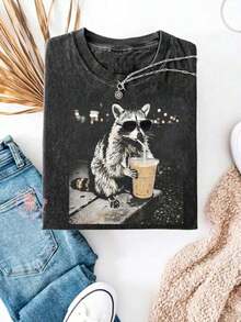 Camiseta de manga corta con estampado de gato interesante, top de diseño exclusivo y lindo, camiseta para mujer de talla grande, camiseta de algodón lavado, ropa casual de talla grande para mujer, tela con estampado de copos de nieve, top casual de cuello redondo cómodo de talla grande, camiseta vintage desgastada, ropa de mujer de talla grande, ropa de primavera/verano - Negro - Ver 12