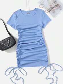Vestido Casual de Encaje Drapeado con Textura de Canalé - Azul - Ver 1