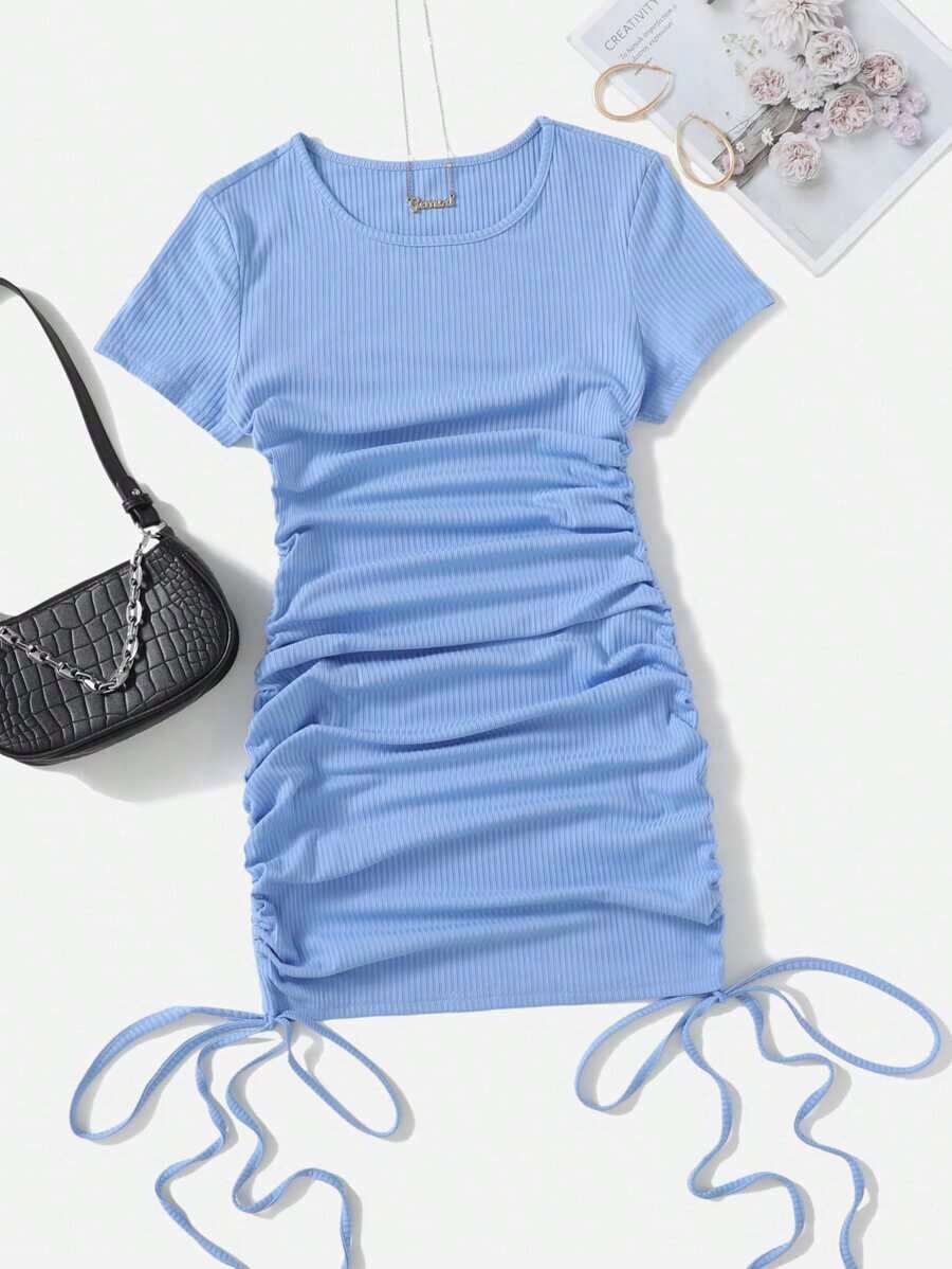 Vestido Casual de Encaje Drapeado con Textura de Canalé - Azul - Ver 1