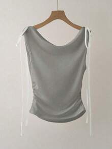 Blusa sin mangas de seda de leche blanca con cuello de barco, diseño de lazo en la cintura, estilo sexy, ideal como regalo de cumpleaños, para citas, fiestas o el trabajo.Diseño versátil y elegante para primavera y verano. - Gris - Ver 2