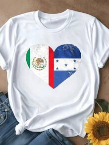 Fashion Printed T‑Shirts for Women, Oversized Streetwear Tops, Comfortable and Stylish All‑Match Summer TeesCamiseta de mujer de corte holgado, opciones de color negro y blanco, camiseta gráfica con estampado de corazón de la bandera deéxico y Honduras, s casuales de verano para mujeres, camisetas gráficas, atuendos de verano para mujeres, camisetas gráficas, s cortos para mujeres, s para mujeres, ropa vintage de algodón linda, atuendo de Navidad para mujeres, vestidos elegantes para mujeres, ropa de invierno para mujeres, s para mujeres, atuendo de Navidad para mujeres, blusa, camisas para mujeres - Blanco - Ver 2