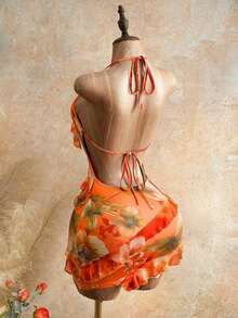 2026 Nuevo vestido de mujer con escote sexy, estampado floral y cuello halter, con diseño de volantes en el borde, estilo Y2K revival, estilo dulce y picante, look de vacaciones, para adultos jóvenes, tela transparente, ajuste ceñido, ligero.Adec - Naranja 2 - Ver 2