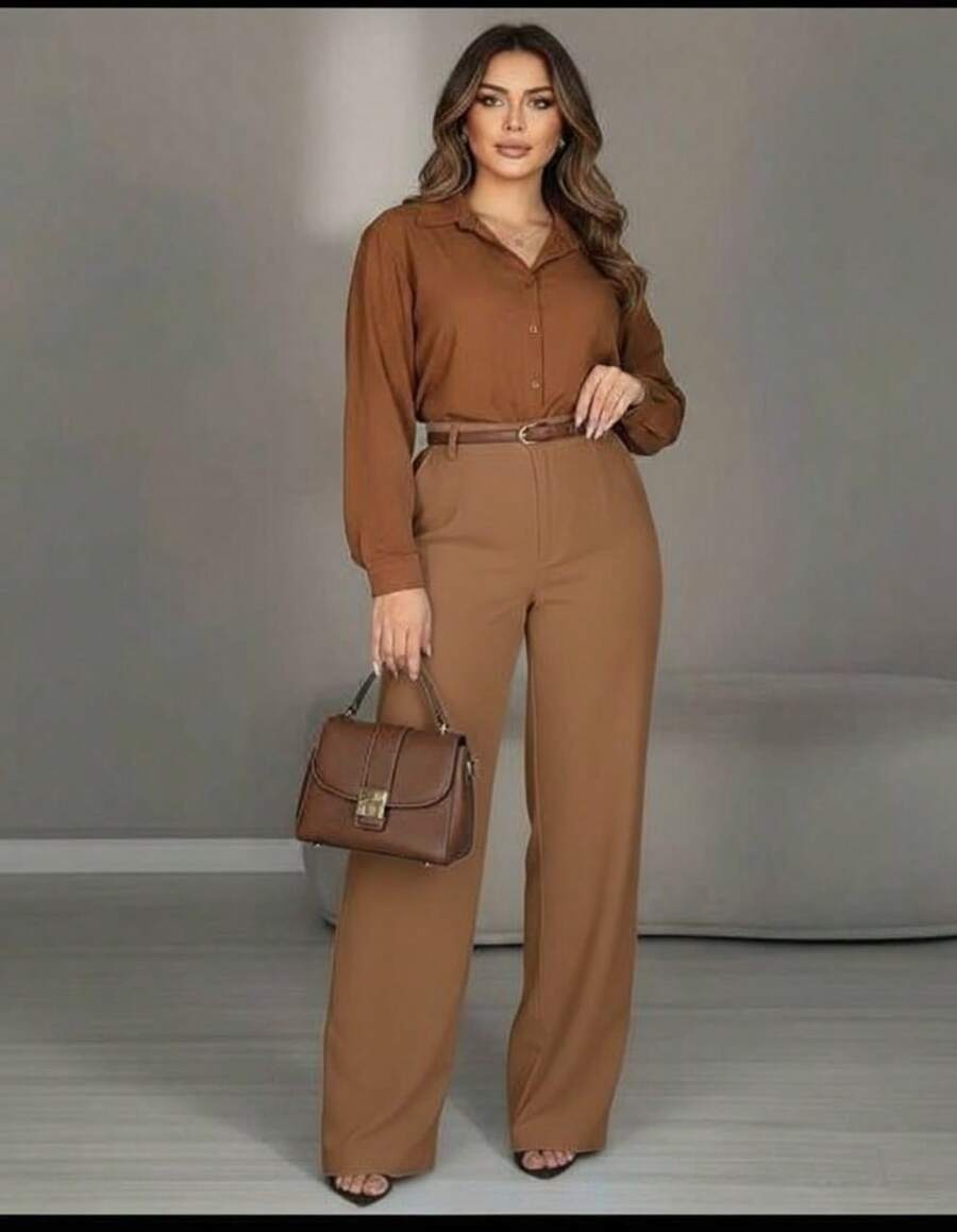 Women's Wide Leg Tailored Trousers With High Waist, Simple Zipper, Pockets, Sizes PP To GG, Office, Formal Evening And Night Wear, Modern Winter, Premium Textured Fabric - Lạc đà - Xem 1