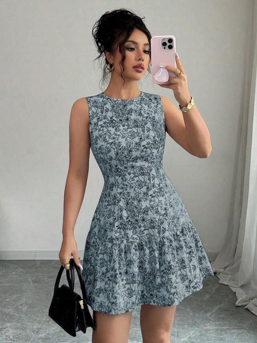 Vestido mini con estampado floral elegante de estilo bohemio sin mangas con cinturón, adecuado para la temporada de graduación, festivales y uso de verano, primavera/verano - Azul - Ver 1