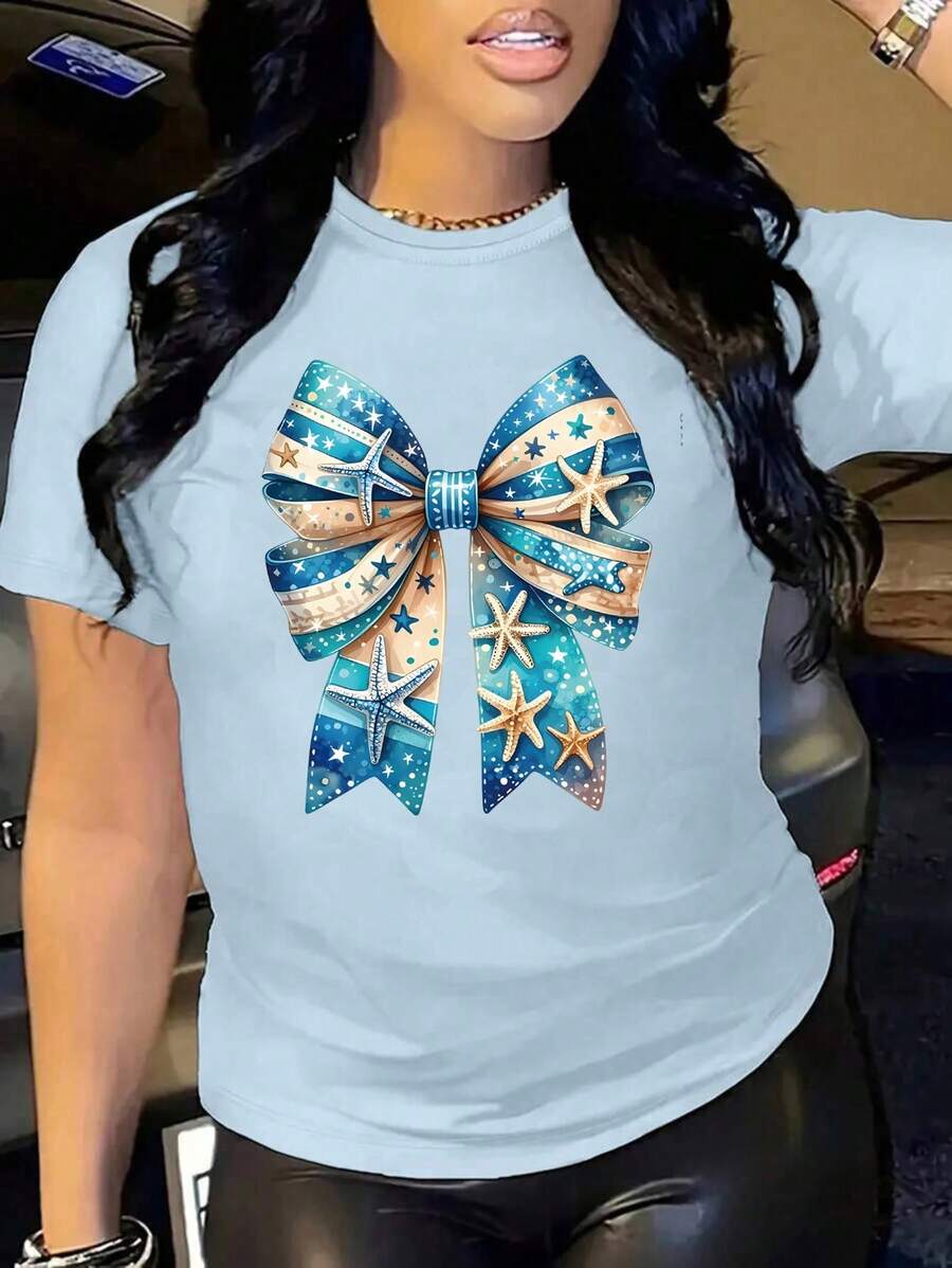 Women's Light Blue Summer Oversized T-Shirt With Nautical Bow And Starfish Print. Casual Light Blue Short-Sleeved T-Shirt With Nautical Bow, Ideal For Beach And Summer Looks. - YH370-藍色 - 查看 1