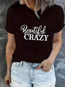 Elegante top diario con estampado de patrón divertido en inglés, camiseta deportiva casual para mujer, cuello redondo, mangas cortas, top cómodo de verano para vacaciones, camiseta de moda chic. - Negro - Ver 7