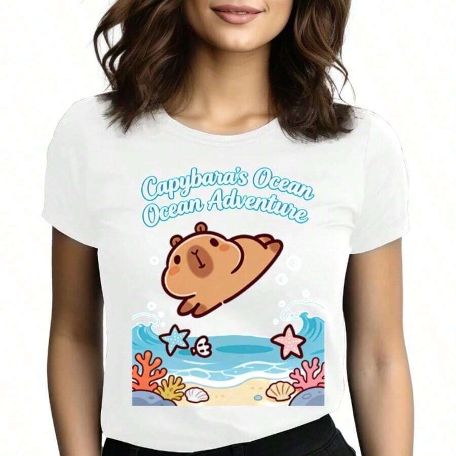 Tops para mujer de manga corta con cuello redondo, informal, de algodón, con diseño de capibara y aventura oceánica para mujer - Blanco - Ver 1