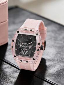 Guess Unisex Tonneau Skeleton Watch Pink Transparent Case Black Multifunctional Dial Silicone Strap Y2K Fashion Timepiece For Couple Matching Outfit Music Festival Night Out Streetwear Ideal Gift For Him Her BFF Birthday Anniversary Holiday - 粉色 - 查看 4