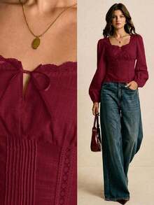 Blusa elegante de mujer con cuello cuadrado, manga farol retorcida y ajustada, adecuada para el trabajo y el transporte, primavera/otoño - Burdeos - Ver 1