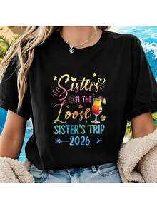 Nueva Camiseta de Verano de Algodón Puro con Cuello Redondo y Manga Corta, Ropa para el Día de la Madre, Tallas S-3XL, 2026, Felices Salidas para Hermanas, Estampado de Texto Degradado, Camiseta de Manga Corta con Cuello Redondo para Mujer, Primavera Verano P1V4 - Negro - Ver 2