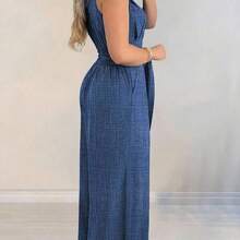 Women's Elegant Vacation Criss-Cross Front Tie Up Pockets Wide Leg Casual Jumpsuit - Azul - Ver 3