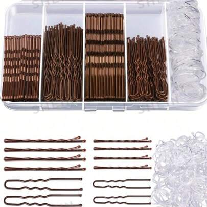 300pcs/Set Hair Clips Set, Includes 100pcs Hair Clips, 100pcs Brown Hair Clips And 100pcs Hair Ties, Suitable For Buns, U-Shaped Clips, Curling Irons, Curling Brushes, Curling Wands, Curling Products, Curling Irons, Curling Rollers, Curling Tools, Curling Wands