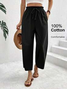 Pantalones casuales de mujer con cintura con cordón a cuadros - Negro - Ver 1