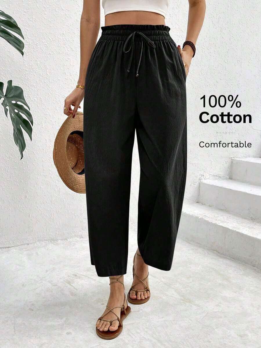Pantalones casuales de mujer con cintura con cordón a cuadros - Negro - Ver 1