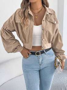 Casual Personalized Street Lantern Sleeve Corduroy Long Sleeve Short Jacket, Spring/Autumn - Caqui - Ver 5