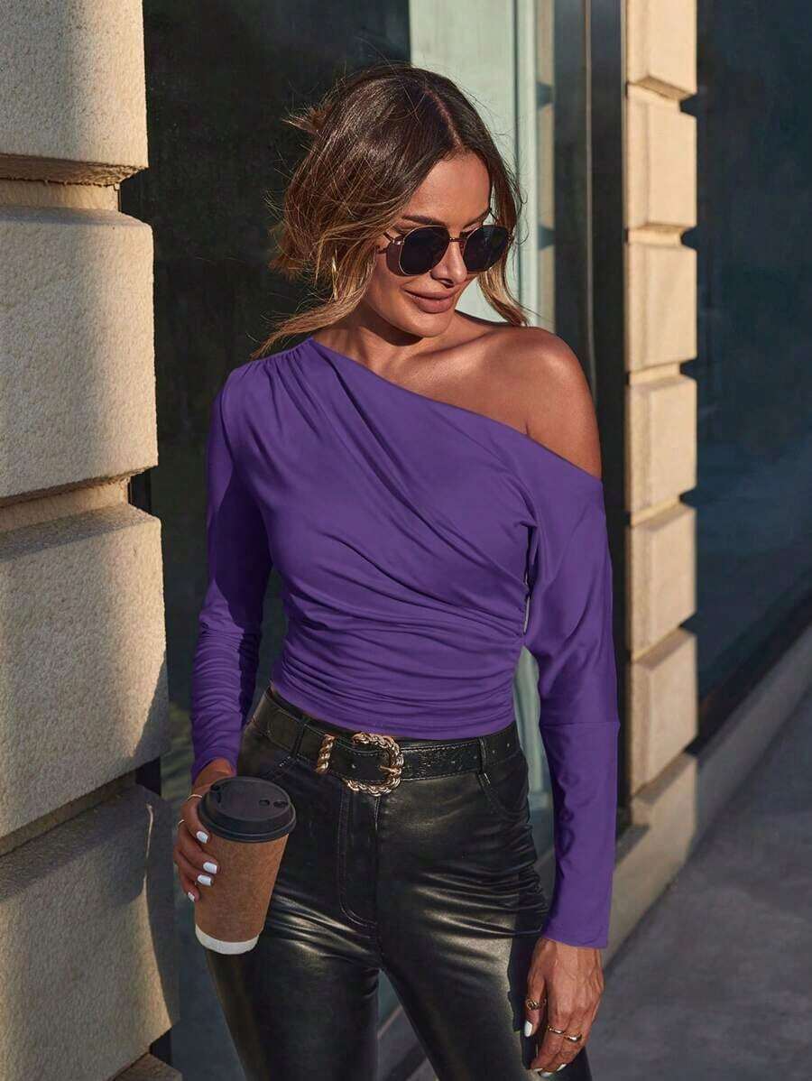 1 pieza Camisa de manga larga elegante de unicolor con cuello plisado asimétrico para ir al trabajo - Morado - Ver 1