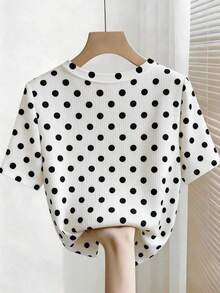 Camiseta de manga corta con cuello redondo ajustado, con cuentas y acanalada, elegante para mujeres - Negro - Ver 2