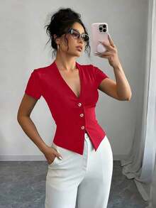 Camiseta de mujer de manga corta con cuello en V y botones metálicos de unicolor - Rojo - Ver 1