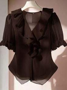 Blusa casual con cuello en V, mangas con volantes y pétalos - Café integral - Ver 5