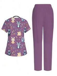 Conjunto de 2 piezas con top de manga corta con cuello en V blanco con bolsillo y diseño de oreja colgante, estampado de mariposa y flores, y pantalón recto para mujer, uniforme de enfermera de primavera/verano, conjunto casual, uniforme - Multicolor 6 - Ver 2