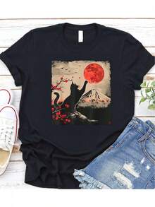 1 camiseta negra de algodón puro para mujer: diseño de gato y Monte  estilo japonés, 180g, 100% algodón. - negro - Ver 1