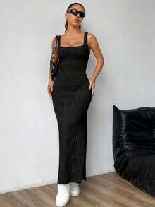 maxi informal sin mangas con abertura lateral, atuendo de mujer - Negro - Ver 4