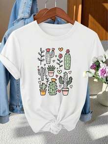 Camiseta 100% Algodón - Camiseta Vintage de Mujer con Estampado de Cactus y Corazón - Blusa de Manga Corta con Cuello Redondo y Estampado de Cactus Pintado a Mano - Top Compatible Ideal para Sesiones de Fotos, Viajes al Trabajo, Vacaciones y Uso Diario - Tops de Verano para Mujer - Nuevos Conjuntos de Verano 2026 para Mujer - Conjuntos de Vacaciones para Mujer - Ropa de Mujer Adecuada para primavera, verano y otoño. - Blanco - Ver 1