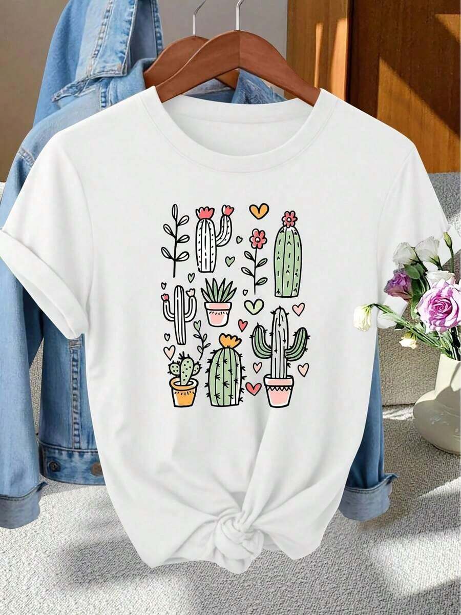 Camiseta 100% Algodón - Camiseta Vintage de Mujer con Estampado de Cactus y Corazón - Blusa de Manga Corta con Cuello Redondo y Estampado de Cactus Pintado a Mano - Top Compatible Ideal para Sesiones de Fotos, Viajes al Trabajo, Vacaciones y Uso Diario - Tops de Verano para Mujer - Nuevos Conjuntos de Verano 2026 para Mujer - Conjuntos de Vacaciones para Mujer - Ropa de Mujer Adecuada para primavera, verano y otoño. - Blanco - Ver 1