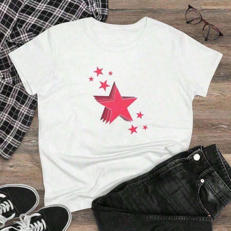 High-Quality T-Shirts In Pink Star Print, Mid-Weight Cotton T-Shirts For Women, And Small, Versatile Unisex Items Suitable As A Gift. Women's T-Shirt. Elegant Blouses. Boho Chic, 1 Piece. Suitable For Spring, Summer, And Autumn. - 白色 - 查看 1