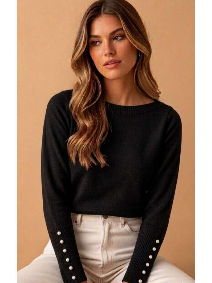 Basic Knit Sweater Blouse With Pearl Detail, Polyester, Pearls, Nightwear - Black - View 1