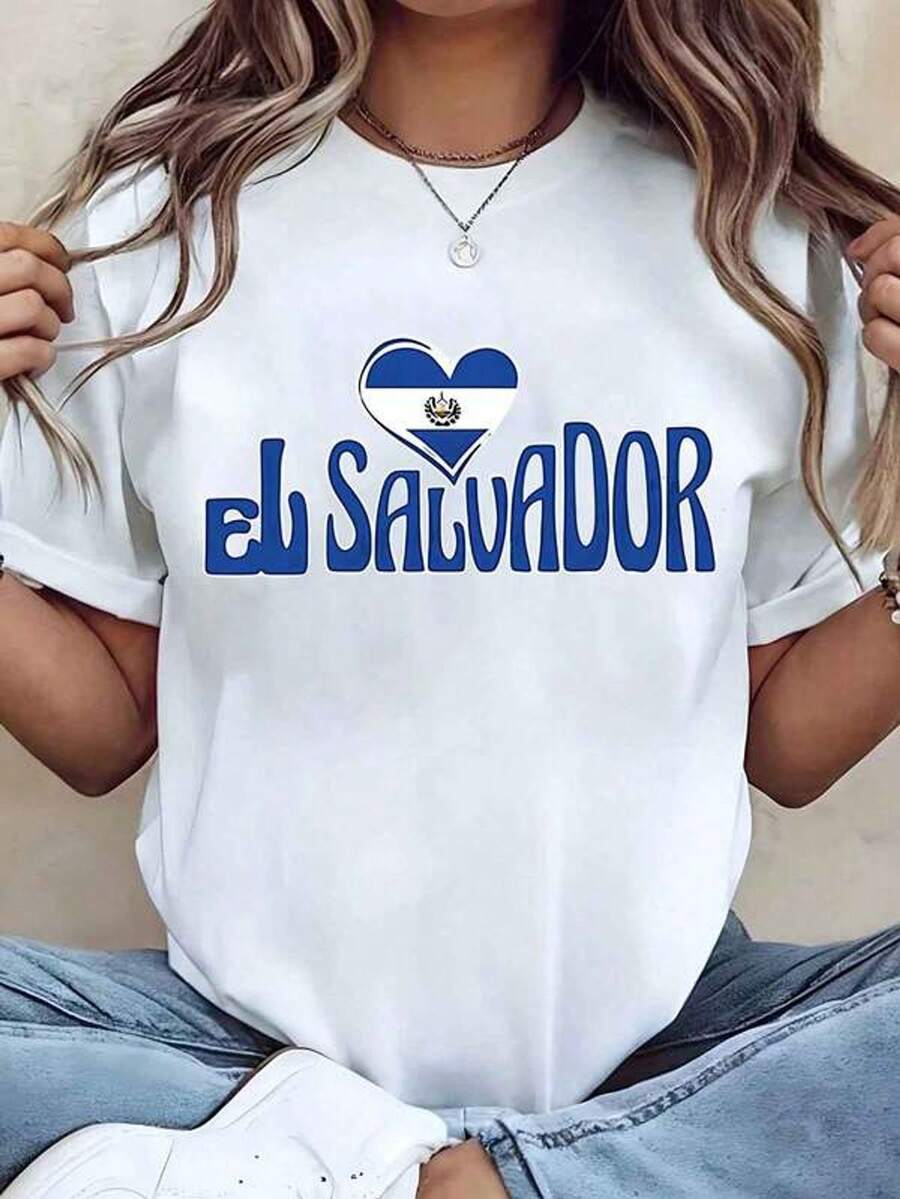 Camiseta de mujer con estampado del corazón de la bandera de El Salvador, cuello redondo, manga corta, casual para uso diario, idea de regalo, 220g