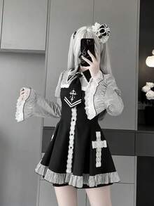 Japanese Jirai Kei Style Cross Mini Dress Women's Lapel Collar Flare Sleeve Striped Lace Dress Y2K Subculture Dress Girly Goth - màu đen - Xem 10