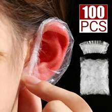 100 piezas Cubiertas de oído desechables y a prueba de agua, protectores de oído elásticos transparentes para ducha, baño, coloración del cabello, champú, protectores de oído a prueba de polvo y aceite para el hogar, salón de belleza y cuidado del cabello, talla única para la mayoría - Blanco - Ver 2