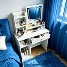 LED Lighted Square Mirror Makeup Vanity Desk, Multifunctional Dressing Table With Drawer & Side Cabinet, White Storage Vanity Table With Shelves, Bedroom Furniture Gift For Women Girls Birthday Christmas - 白色 - 查看 6